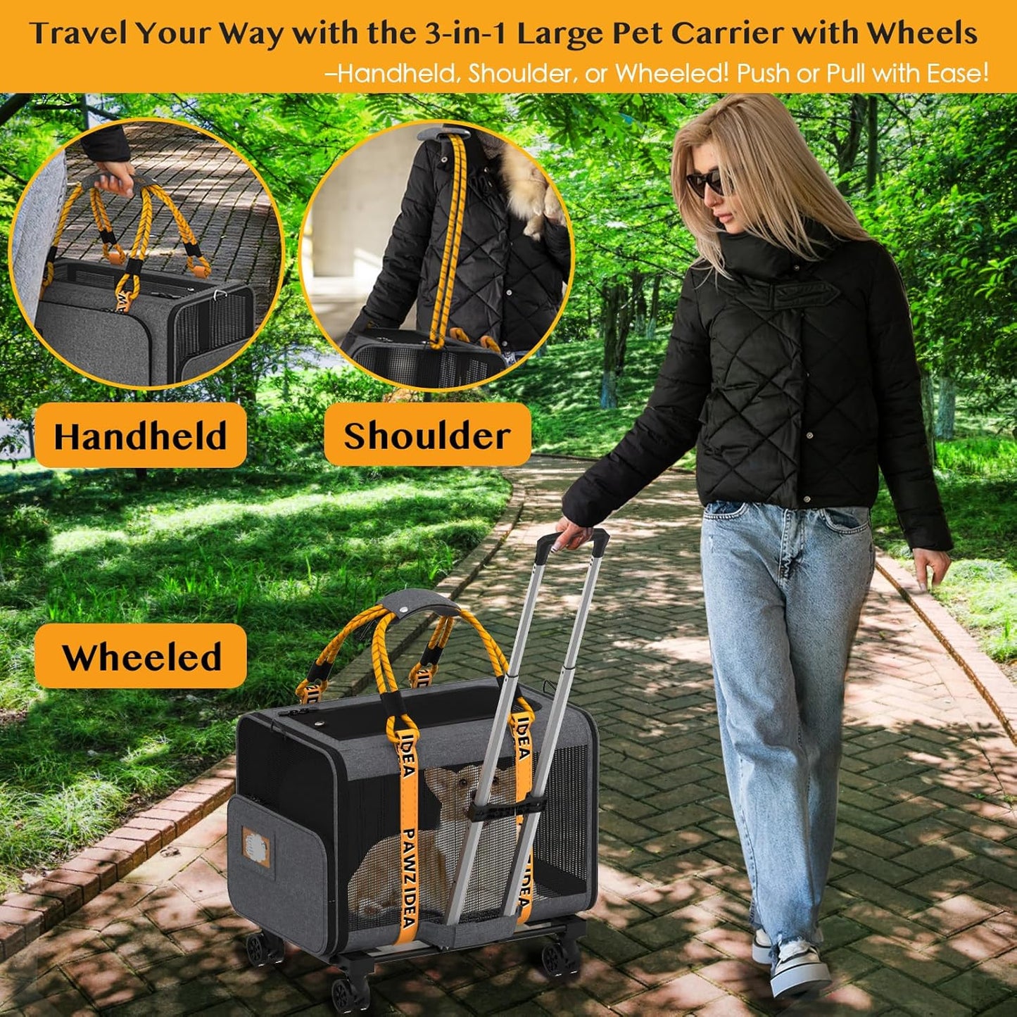 PAWZIDEA Expandable Pet Carrier with Wheels, 24x16x16in Large Cat Carrier for 2 Cats, Soft-Sided Dog Carriers for Small Medium Dog, Collapsible Rolling Travel Bag w/Telescopic Handle, Shoulder Straps