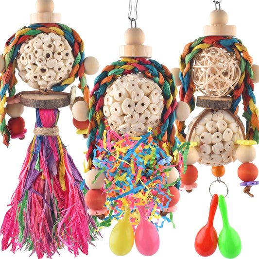 Bissap 3PCS Bird Parrot Foraging Shredder Hanging Toys Sola Balls with Sand Hammer for Small Parrots Parakeets Conures Cockatiels Love Birds Cage Toy