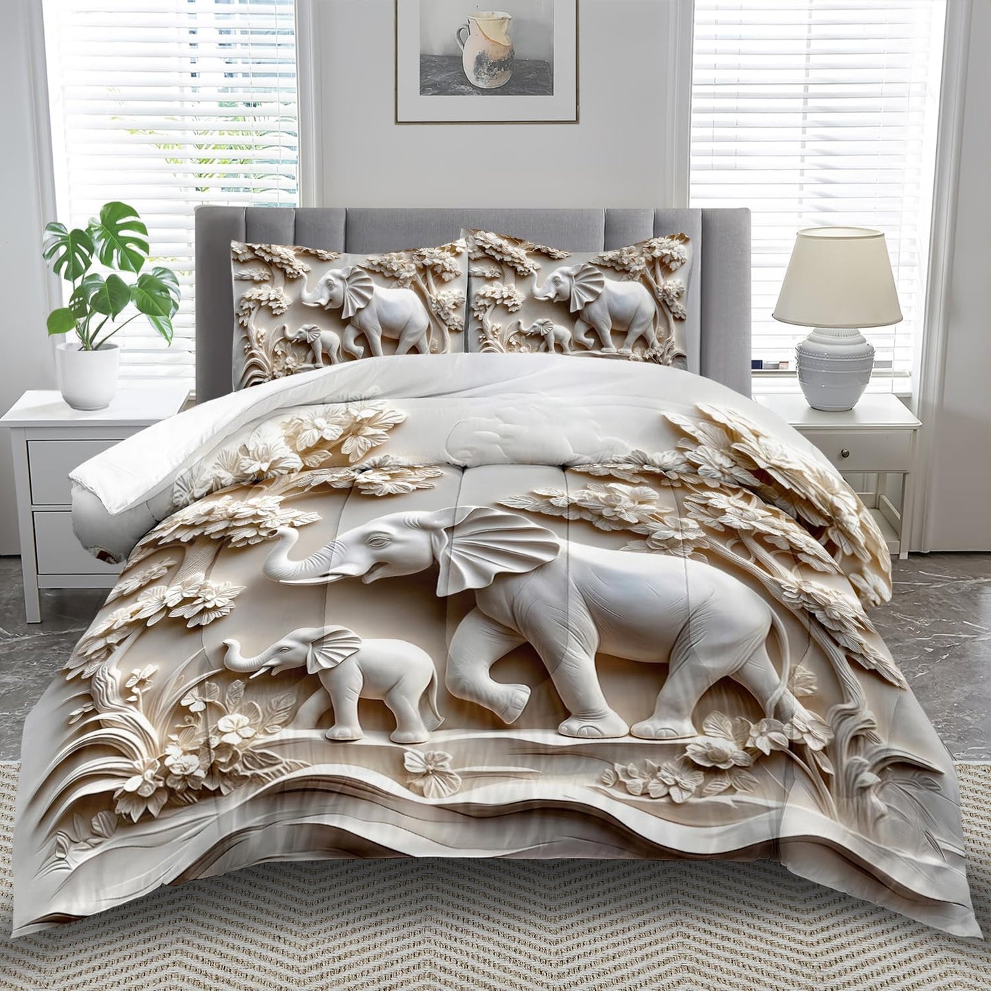 Elephant Comforter Set Queen Adult, White Animal Bedding Set Queen for Man, Cute Animal Comforter for Kids,Elephant Quilt Pattern White Bedroom Decor Womens, Relief Bedding