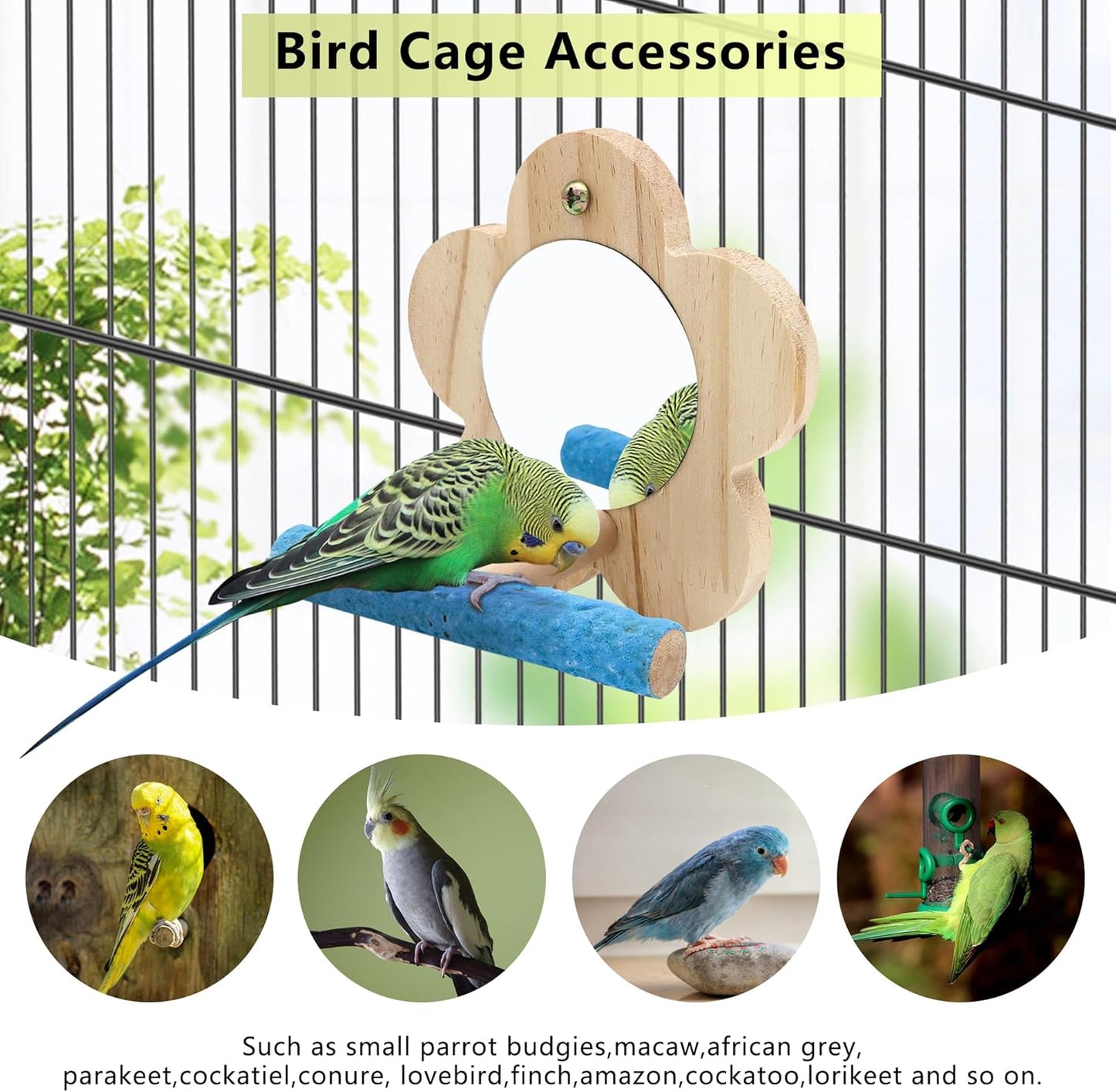 Small Bird Mirror Parrot Swing,Wooden Parakeet Perches Flower Interactive Play Toys for Small Budgies Macaw African Grey Parakeets Lovebird Cockatiel Cage Accessories (S, Wood-1p)