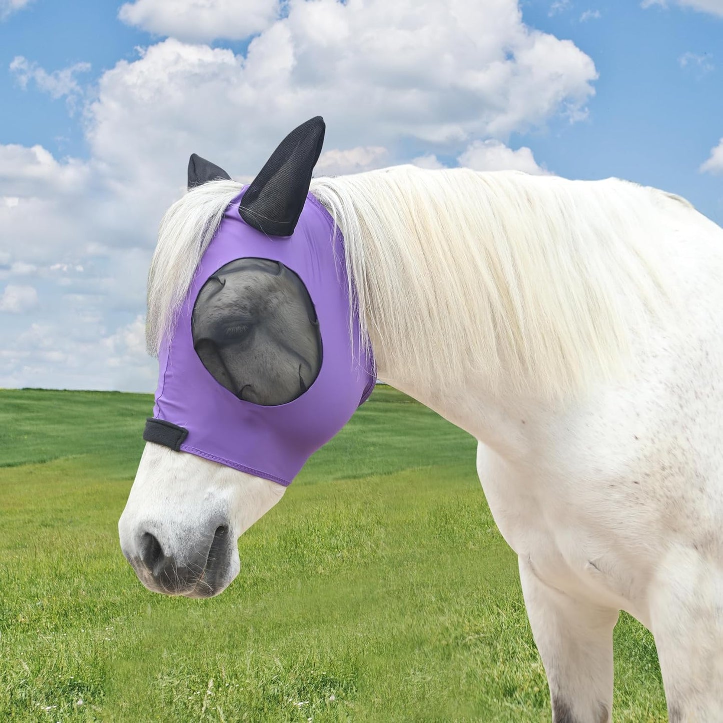 Stretchy Horse Fly Mask for Horses, Soft Lycra Equine Mesh Mask, Elasticity Horse Face Covering, Breathable&UV Protection, Violet, Full