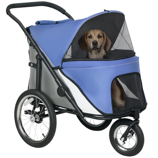 PawHut Dog Stroller, Pet Stroller 3 Wheels with Easy One-Hand Fold, Rubber Wheels, Storage Bag, Soft Cushion, Safety Leash, for Small & Medium Dogs, Blue