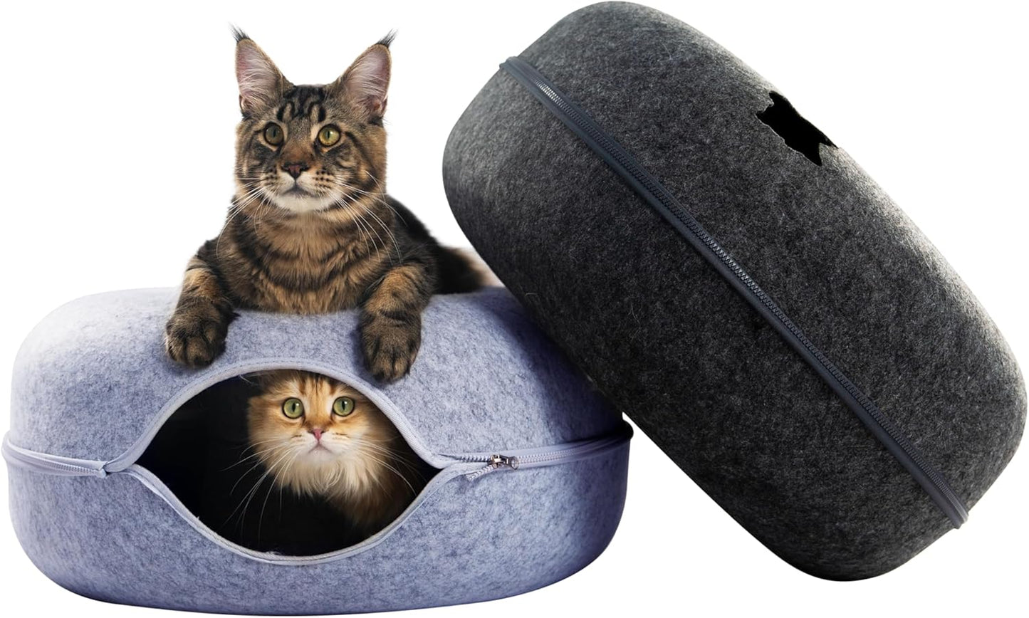 CATTASAURUS Peekaboo Cat Cave for Multiple & Large Cats Up to 30-45 Lbs, Scratch Detachable & Washable Tunnel Bed, Comfy Donut Cat Cave (Light Gray + Dark Gray, Large)