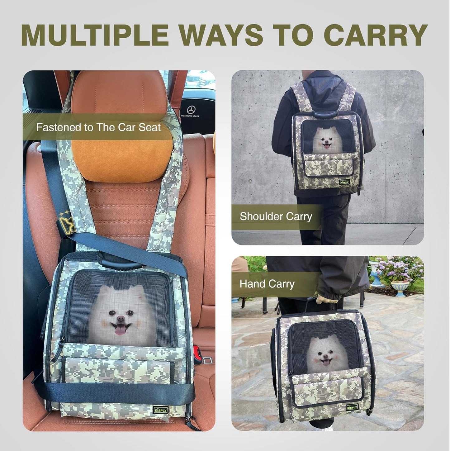 Collapsible Cat Backpack Carrier, Dog Backpack Carrier for Small Dogs Cats Up to 12 Lbs, Three-Sided Breathable Pet Backpack with Soft Padded, Designed for Outdoor and Travel Use, Camo