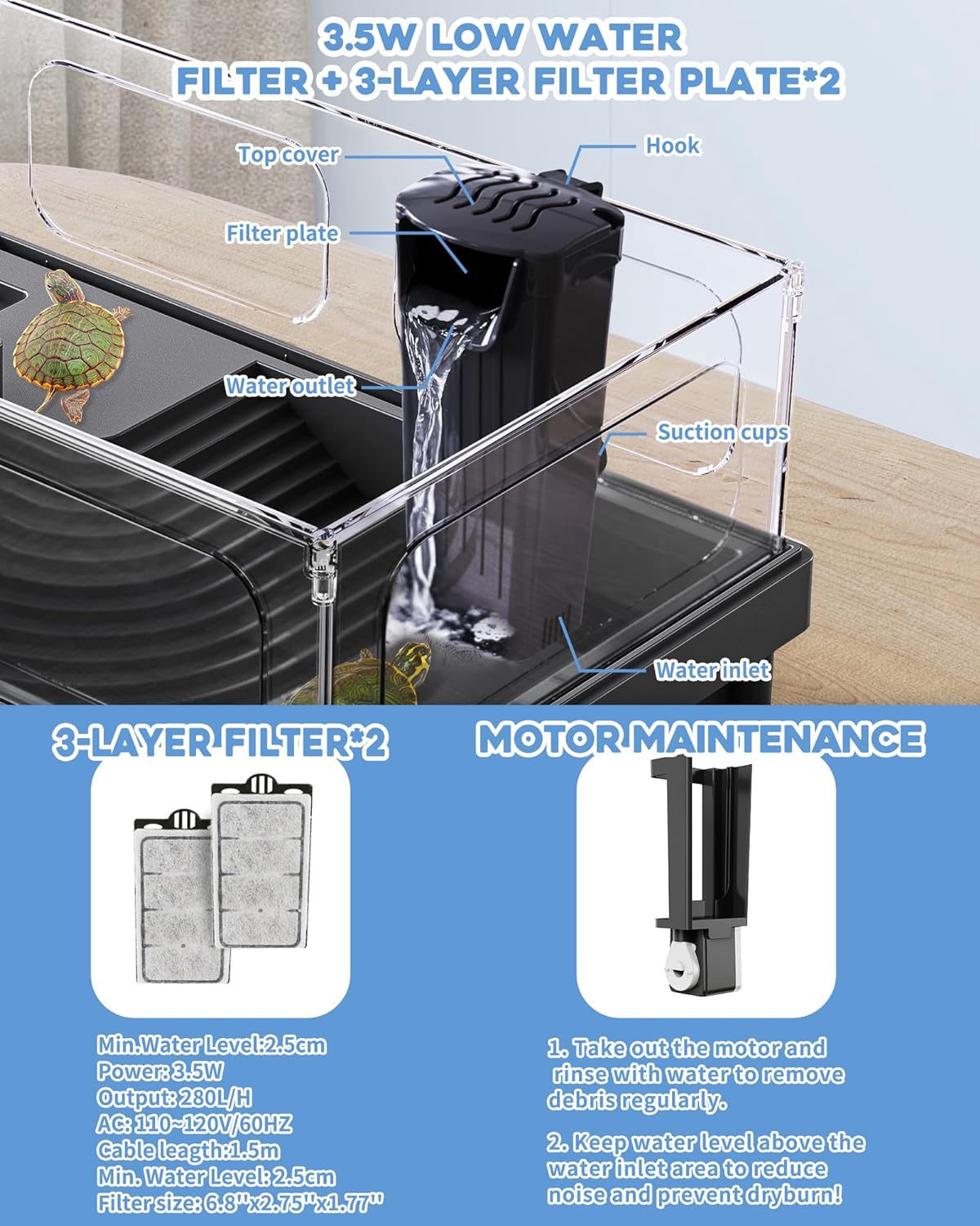 Small Turtle Tank Kit, Acrylic Turtle Tank Starter Kit with Basking Platform, Bottom Drainage, Multi-Function Areas for Turtles, Crabs, Crayfish, Small Reptiles. (Black Kit)