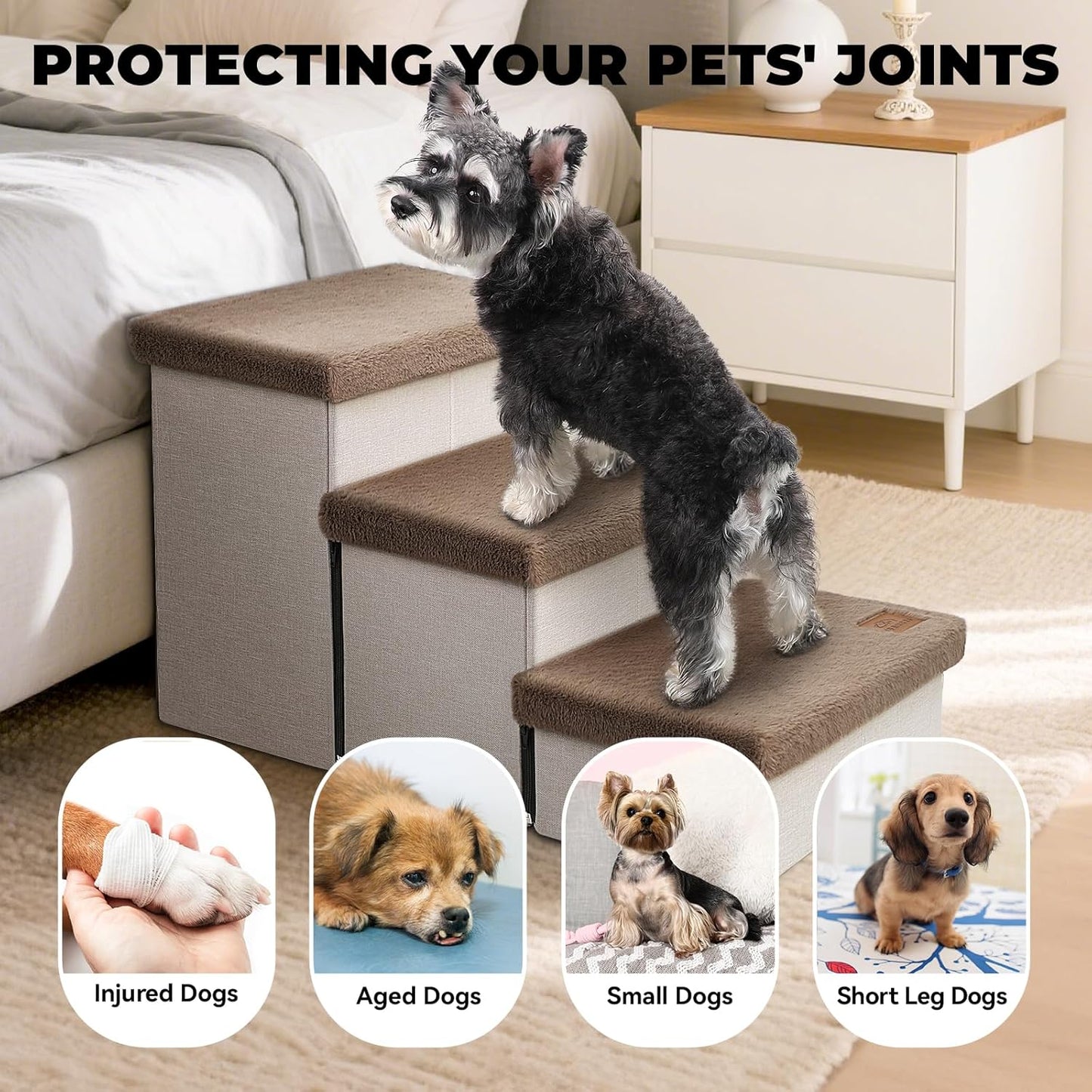 Dog Stairs with Furry Lids 18" H, 3-Step Wider Dog Steps with Storage for Small/Medium/Large Old Dogs Cats, Folding Sturdy Pet Stairs Climbing Bed Couch, Ramp for Car Up to 200 lbs, Khaki