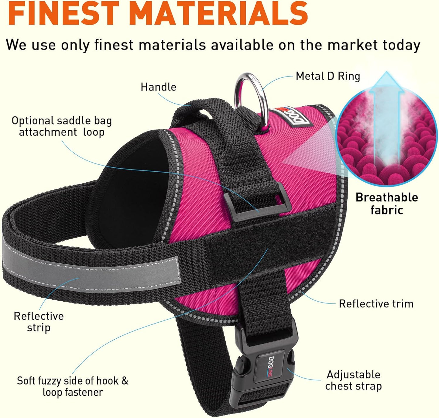 Dogline Dog Harness, Reflective No-Pull Adjustable Vest with Handle for Walking, Training, Breathable, No - Choke Harness for Small, Medium or Large Dogs Room for Patches Girth 22"-28" in Pink