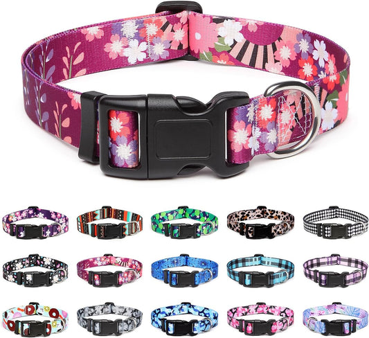 Mercano Adjustable Dog Collar - Special Design Patterns, Soft Nylon Comfortable Durable Pet Collar for Small Medium Large Dogs (L, Colorful Flower)