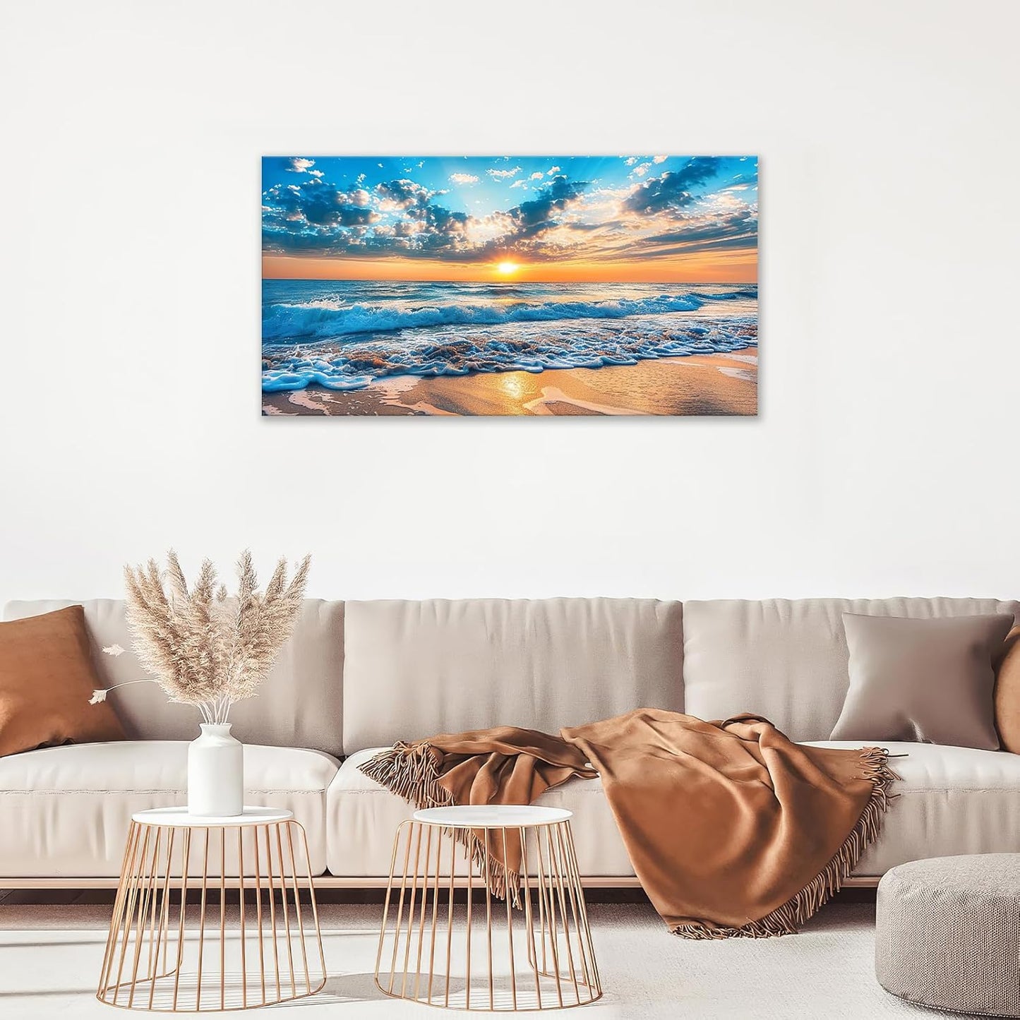 Large Beach Wall Art for Living Room Beach Sunset Ocean Waves Art Big Space Size Framed Canvas Prints Blue Pictures Painting Artwork Office Bedroom Home Decor 60"x30"