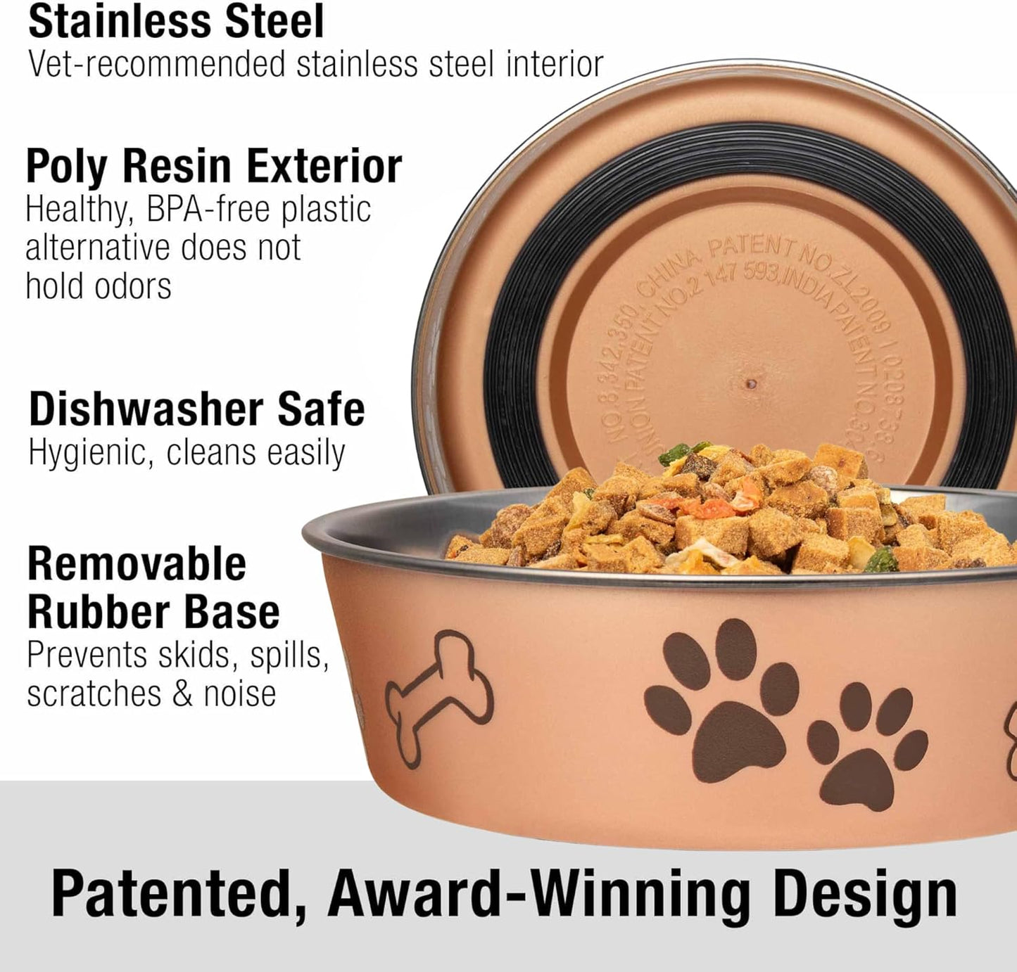 Loving Pets Bella Dog Bowls- Stainless Steel Dog & Cat Bowls - Spill Proof Dog Food Bowl, Cat Bowl, Puppy Essentials & Pet Supplies Great for Home & Travel (X-Large 65-100lbs, Champagne)