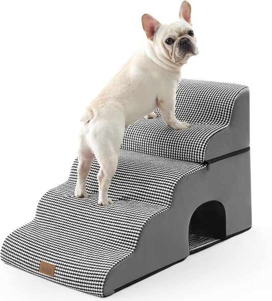 Wide Dog Stairs with Tunnel, Foam Detachable Large Dog Step for Small Pet, Puppy or Cats, Medium Pet Ramp for High Bed, Couch, Sofa or Car, 19.7x33x22.4 inch, 5 Step, White Black