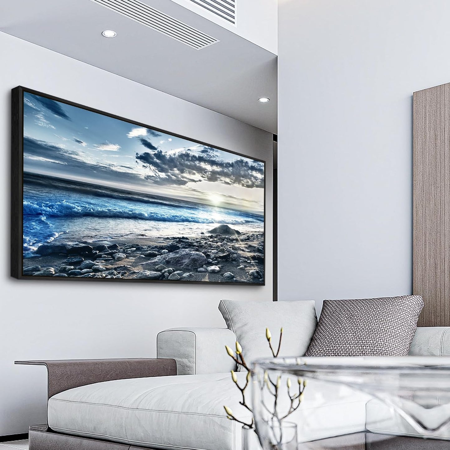 Wapluam Large Canvas Prints Wall Decorations For Living Room Wall Art For Bedroom Office Wall Decor Scenery Wall Painting Blue Sea Pictures Artwork For Fashion Black Framed Beach Posters Home Decor