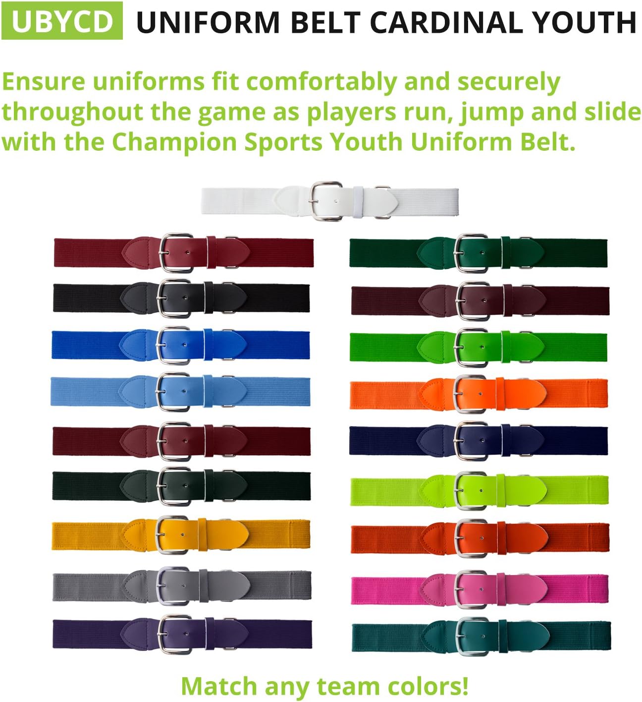 Champion Sports Baseball/Softball Uniform Belt, Comfort Stretch Fit Durable Syntex Tab - Youth & Adult Sizes, Multiple Colors