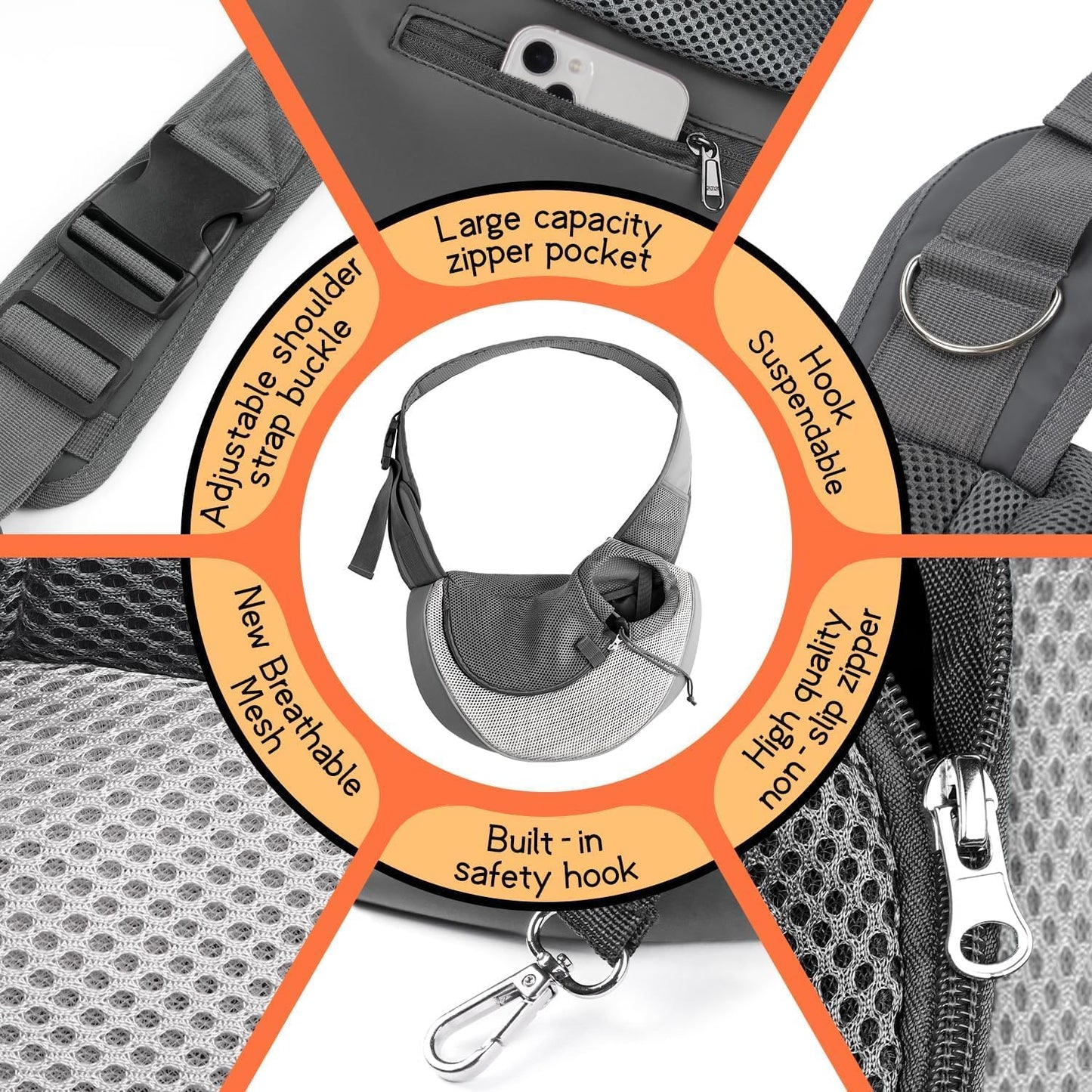 YUDODO Pet Sling Carrier for Small Dogs & Cats – Hands-Free Puppy Carrier with Safety Hook, Large Zipper Pocket, Soft Breathable Mesh, Adjustable Strap & Reflective Strip (Gray 1.0 S)