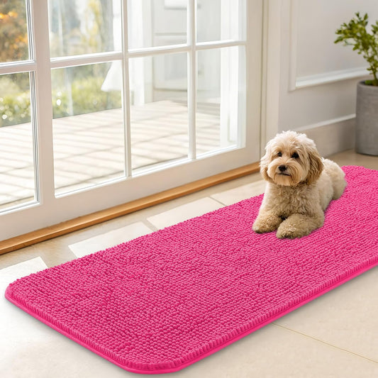 OLANLY Dog Door Mat for Muddy Paws 47x17, Absorbs Moisture and Dirt, Absorbent Non-Slip Washable Doormat, Quick Dry Chenille Mud Mat for Dogs, Entry Indoor Entryway Carpet for Inside Floor, Hot Pink