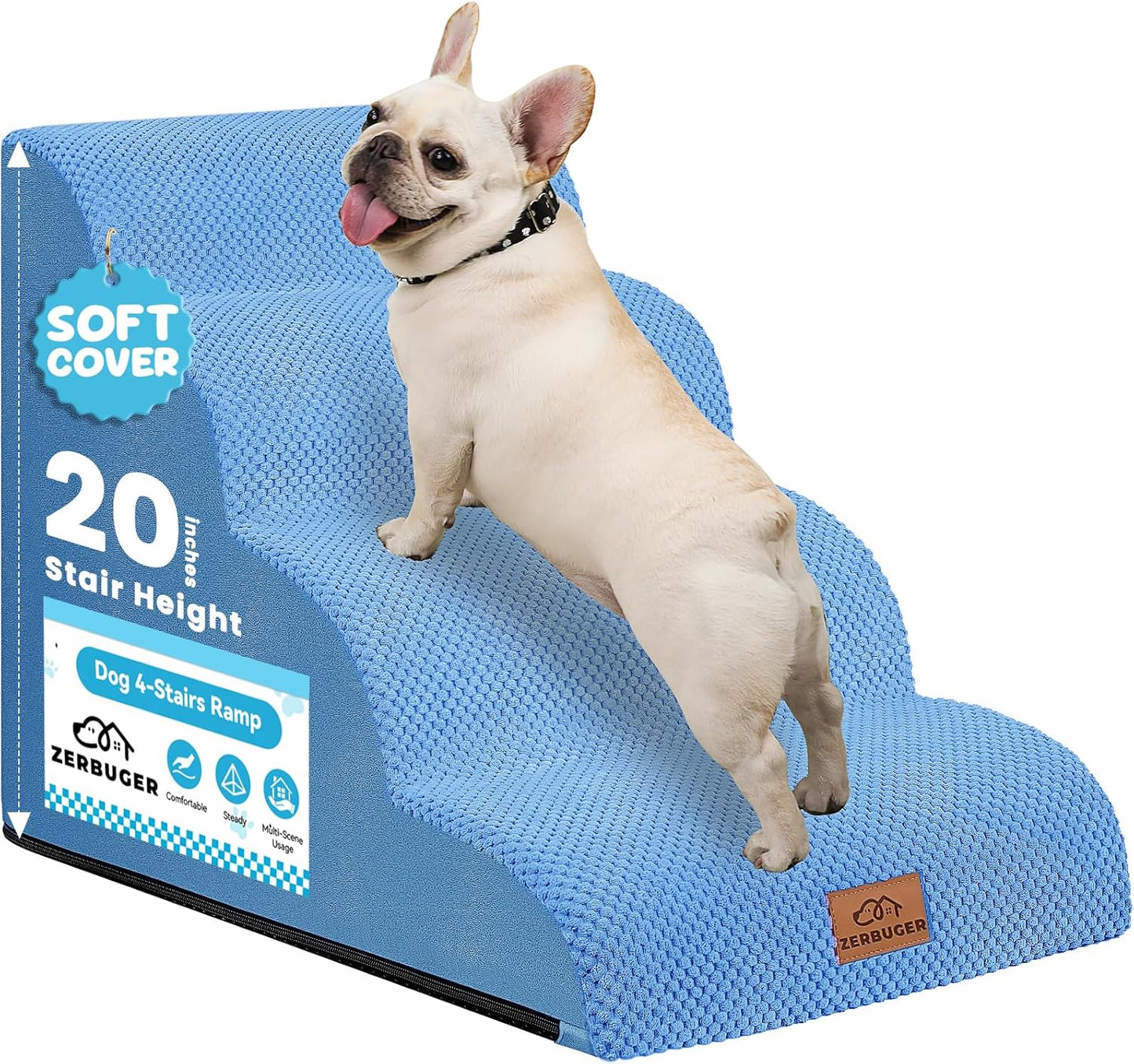 Dog Ramp and Stair for Bed 16" H-20 H,3-Step Cat Stair for Sofa and Chair,4-Step Dog Ramp for High Bed and Window,Durable Nonslip Fabric Cover for Indoor (Blue-20“H, Pet Friendly, 4)
