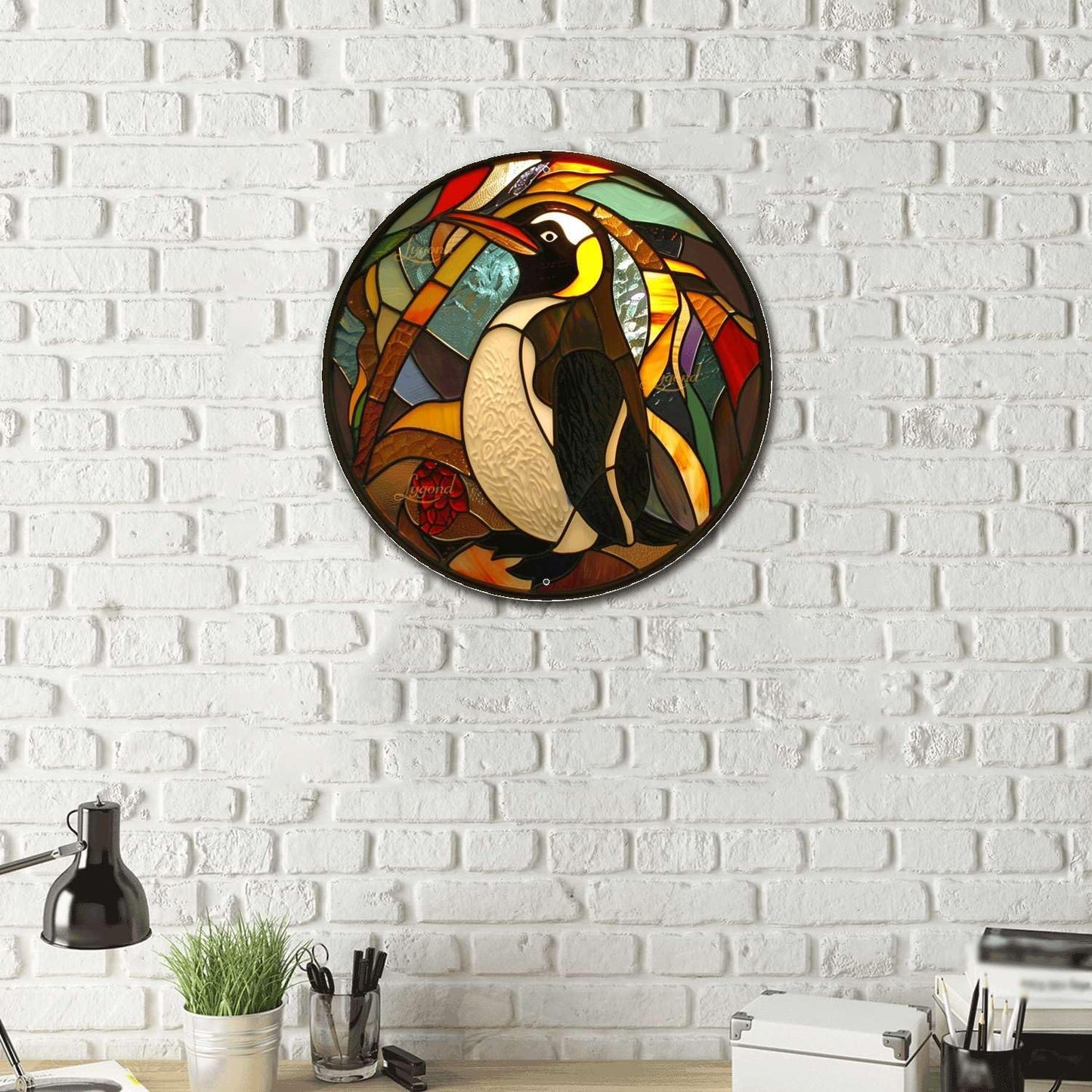 Lygond Metal Sign Tin Sign Circular Stained Glass Penguin Greenhouse Decor for Patio 12×12 Inches