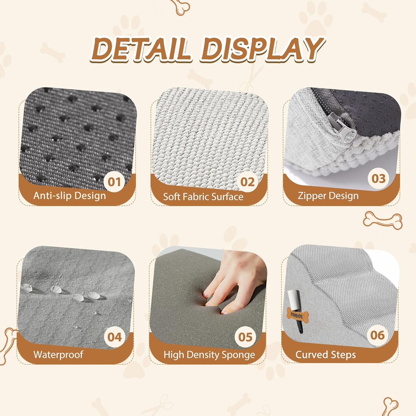 Romrol Dog Stairs Ramp for Beds Couches, Extra Wide Pet Steps with Durable Non-Slip Waterproof Fabric Cover, Dog Slope Stairs for Small Dogs and Cats or Pets Friendly, 3-Tiers, 13 Inch,Light Grey