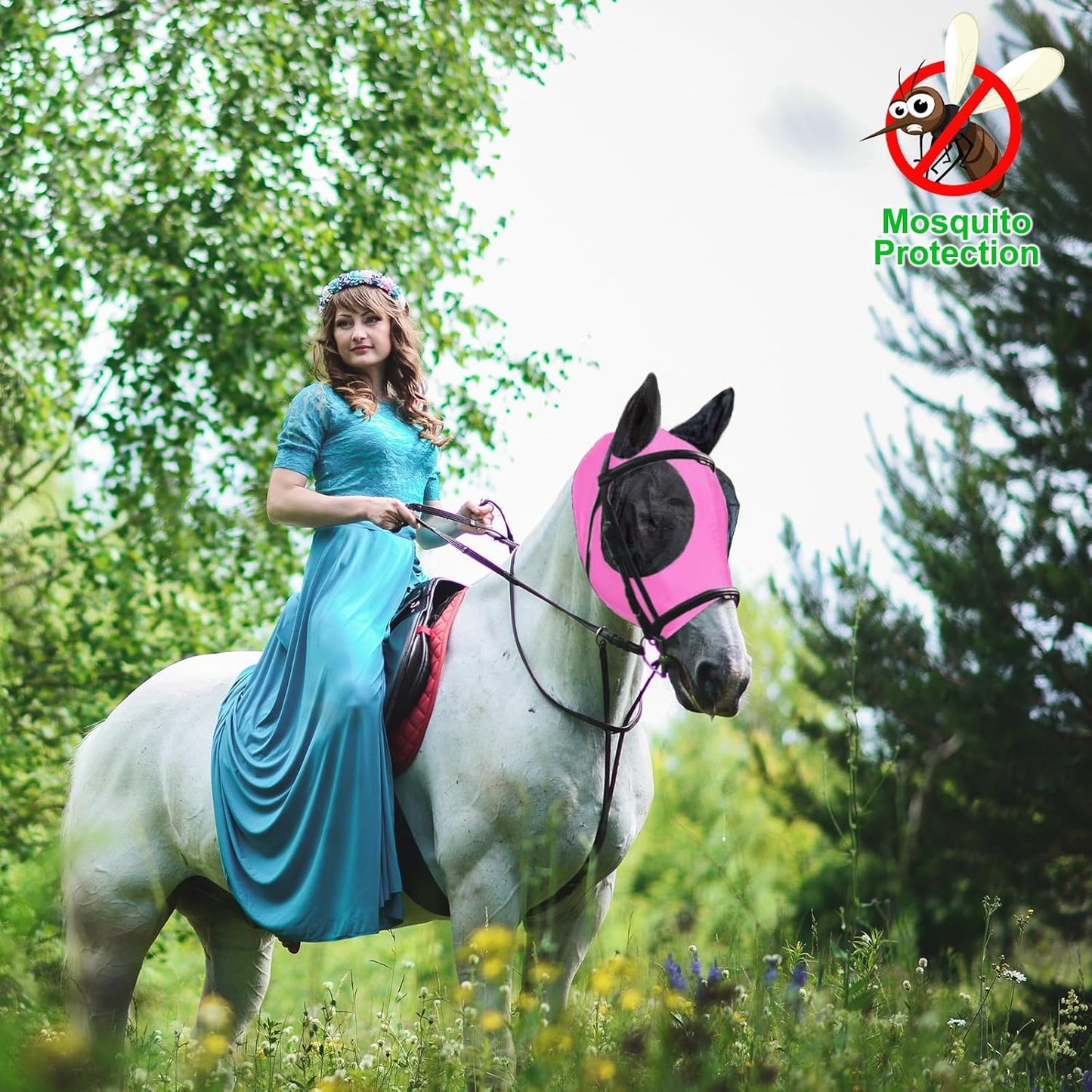 Horse Fly Mask with Ears, Comfortable Fit Stretch Fabric with UV Protection Soft on Skin Breathability for Small/Medium Size Horses (Pink)