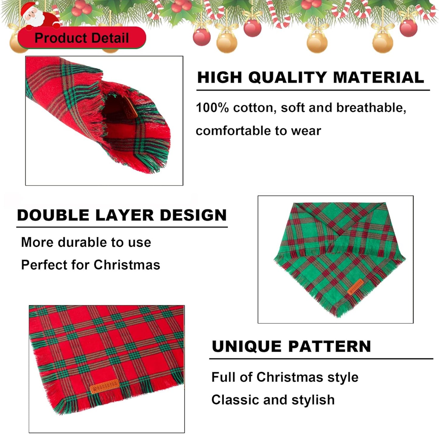 ADOGGYGO Christmas Dog Bandanas with Tassels, Red Green Plaid Pet Xmas Scarf Bib, Multiple Sizes, Christmas Bandana for Extra Large Dogs Pets (X-Large)