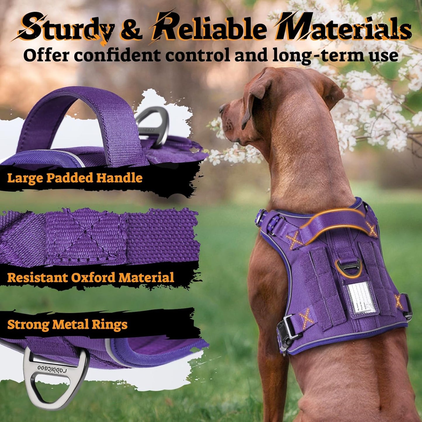 rabbitgoo Dog Harness for Large Dogs No Pull, Tactical Service Pet Vest with Molle and Control Handle, Adjustable and Reflective Military Harness for Easy Walking and Training, Purple, XL