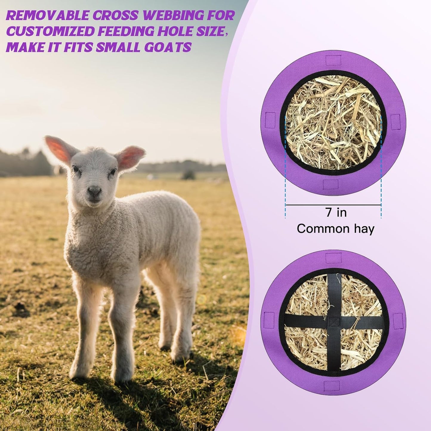 3 PCS Goat Hay Feeder,Hay Bags for Horses,Goats,Donkeys with Reinforced Oxford Fabric and High Strength Metal Clasp,Horse Feeding Supplies with Adjustable Strap for Easy Hanging (2Purple+1Grey)