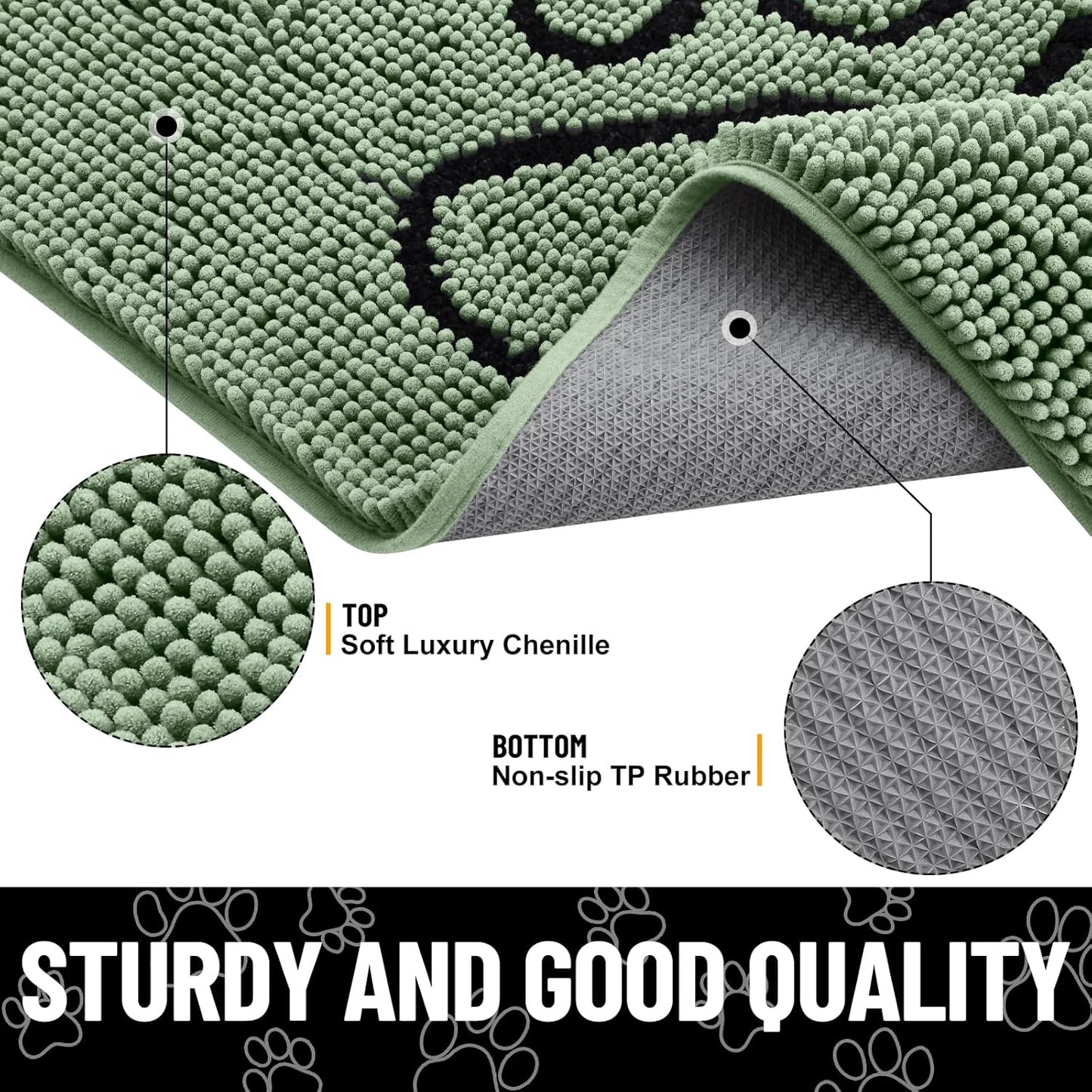 Smiry Dog Door Mat for Muddy Paws, Absorbent Dirt Trapper Non Slip Quick Dry Washable Chenille Mat for Mud Dogs, Entry Rug for Indoor and Outdoor (48x30 Inches, Olive Green and Black)
