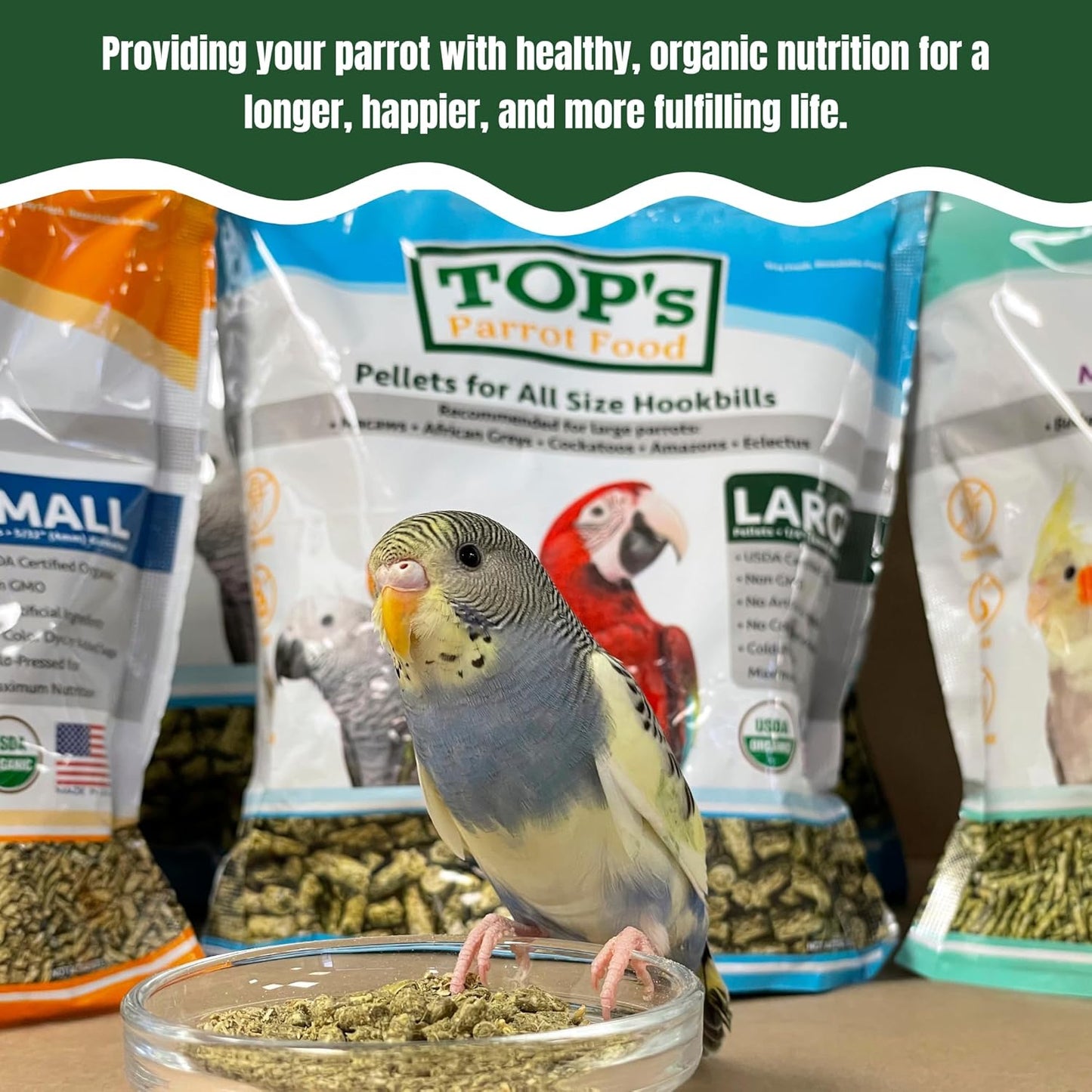 TOP's Parrot Food Mini Pellets Bird Food for Budgies, Cockatiels, Parrotlets, Lovebirds, Parakeets - Non-GMO, Peanut Soy & Corn Free, USDA Organic Certified - 1 lb
