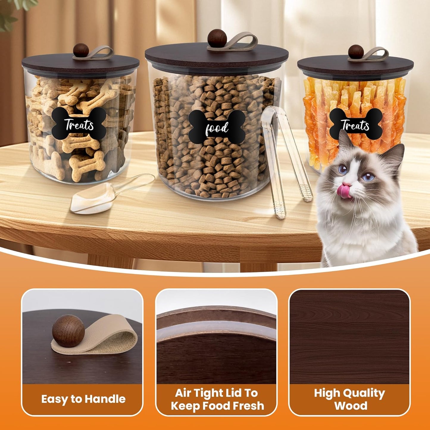 3 Pack Airtight Dog Food Storage Container, Dog Treat Container Dog Food Container with Wood Lids 8x7''&6x5'',Pet Food Storage Container,Cat Food Containers with Scoops,Clamp,Labels,Pens