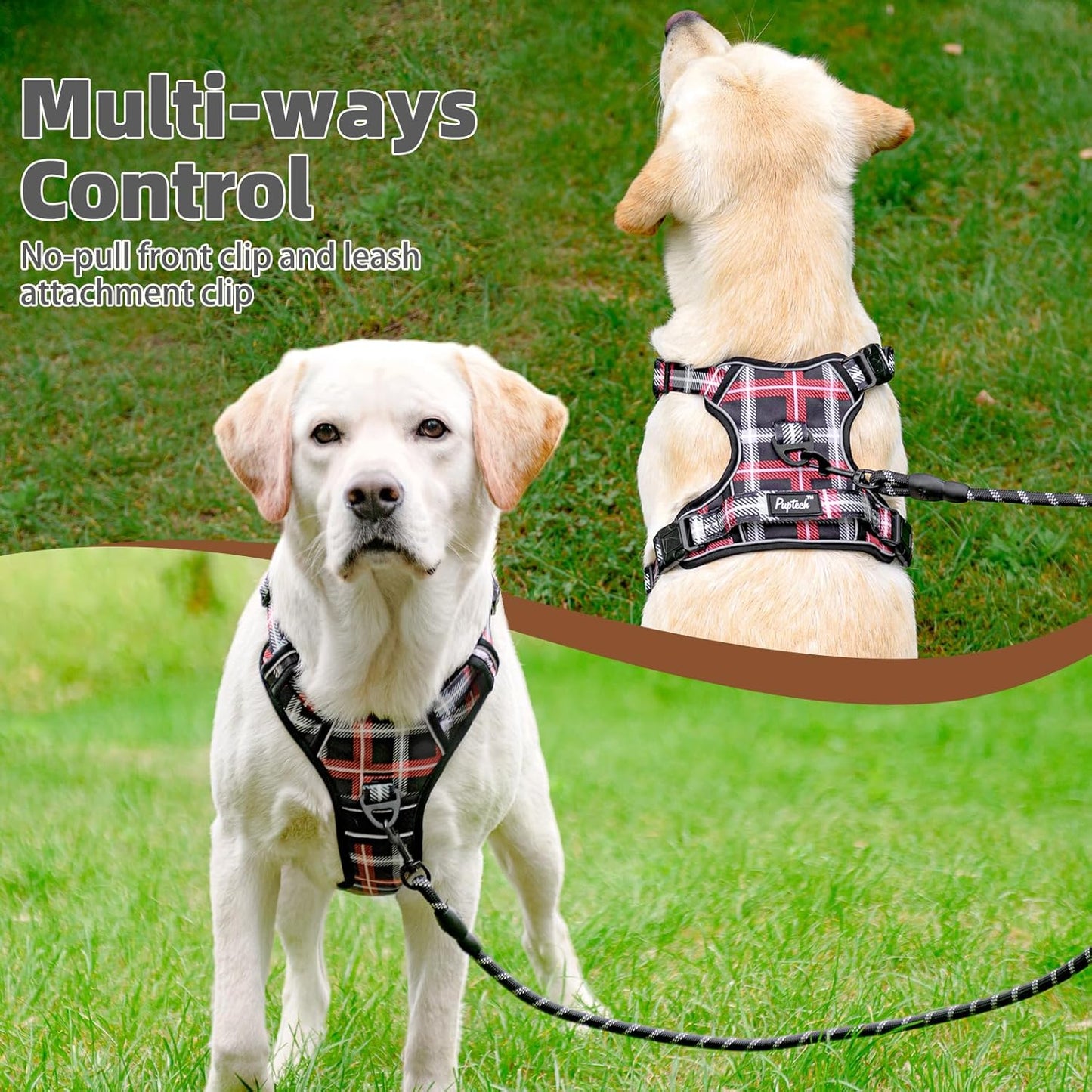 PUPTECK No Pull Dog Harness for Large, Adjustable Reflective Dog Harness with Handle Easy Control, Comfortable Soft Padded Pet Vest Harness for Large Dogs, Plaid Black XL