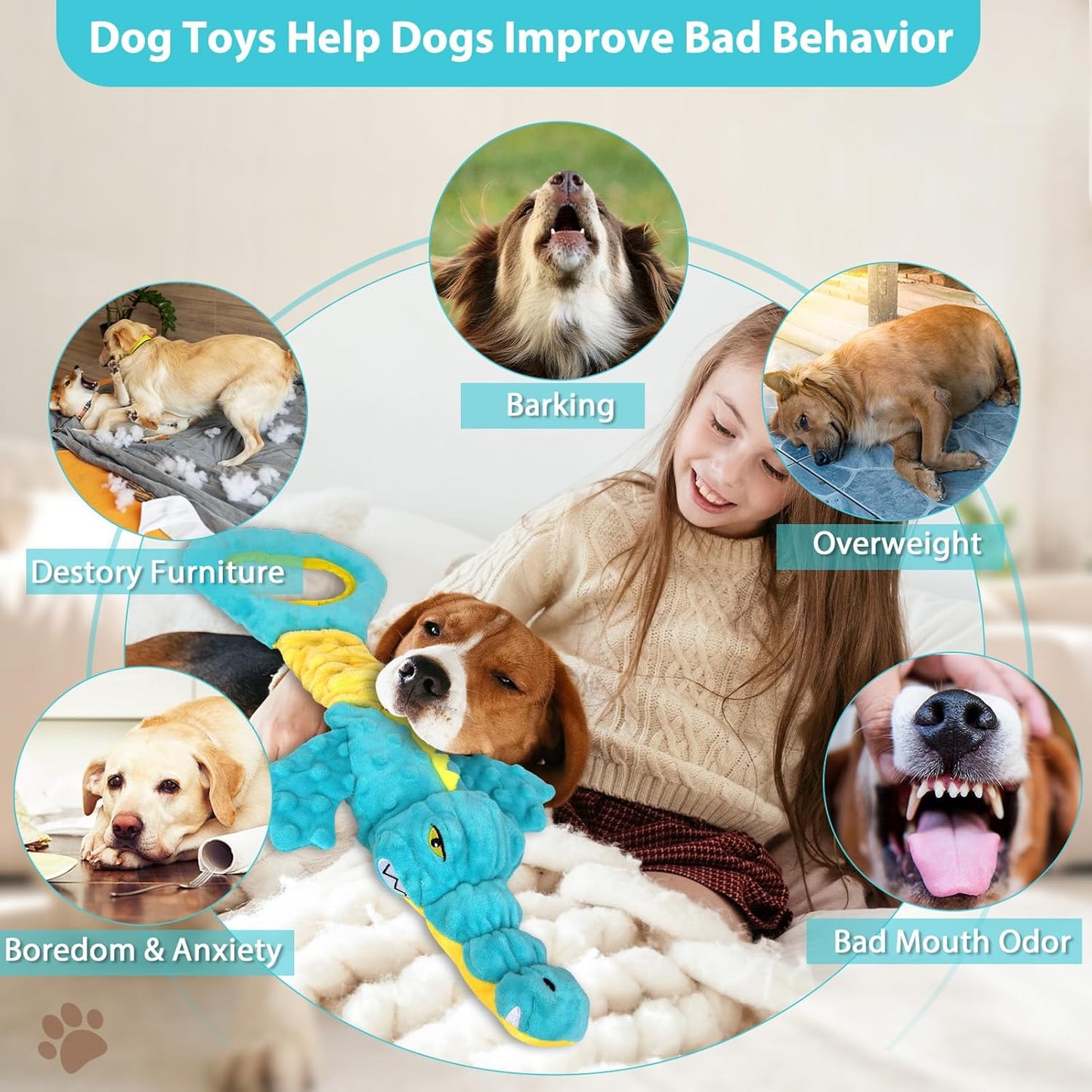 Dog Toys Cute Alligator Dog Toy Tough Plush Puppy Toy for Playtime, Training & Tug of War- Interactive Squeaky & Crinkle Chew Toy for Small to Large Dogs