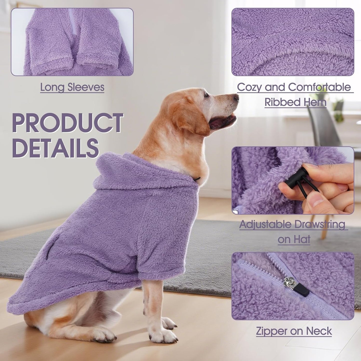 IDOMIK Fuzzy Dog Sweater with Adjustable Hood, Warm Fleece Dog Sweater Hoodie with Harness Hole & Pocket, Pullover Sweaters for Small Dogs, Fuzzy Hooded Sweatshirt for Fall Winter Christmas,Purple,XS