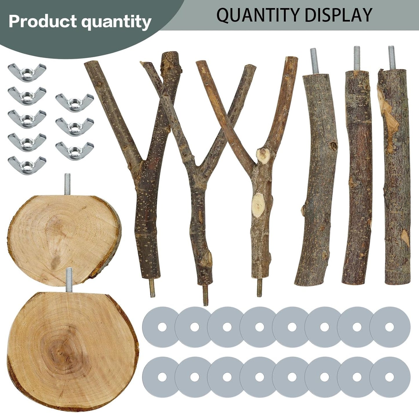 Natural Wood Bird Perches for Cage, Parrot Perch Stand & Platform, Bird Cage Accessories for Parakeets, Cockatiels, Conures, Lovebirds (Brown, Core Perch & Platform - 8PCS)