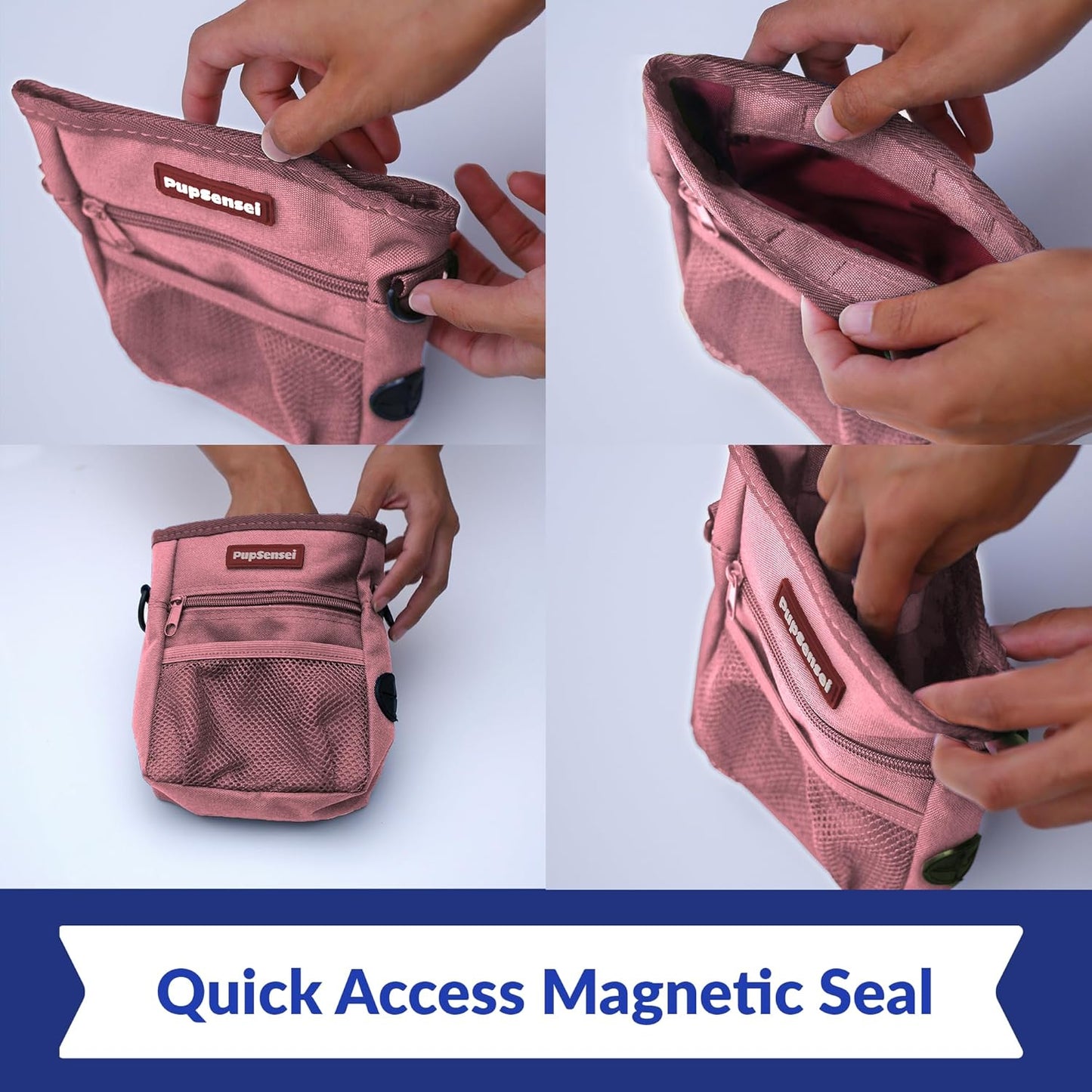 Dog Treat Pouch, Durable Oxford Polyester, No-Spill Magnetic Closure, Treat Pouches for Pet Training with Metal Clip, Waist Belt, Adjustable Strap, Poop Bag Dispenser (Light Pink)