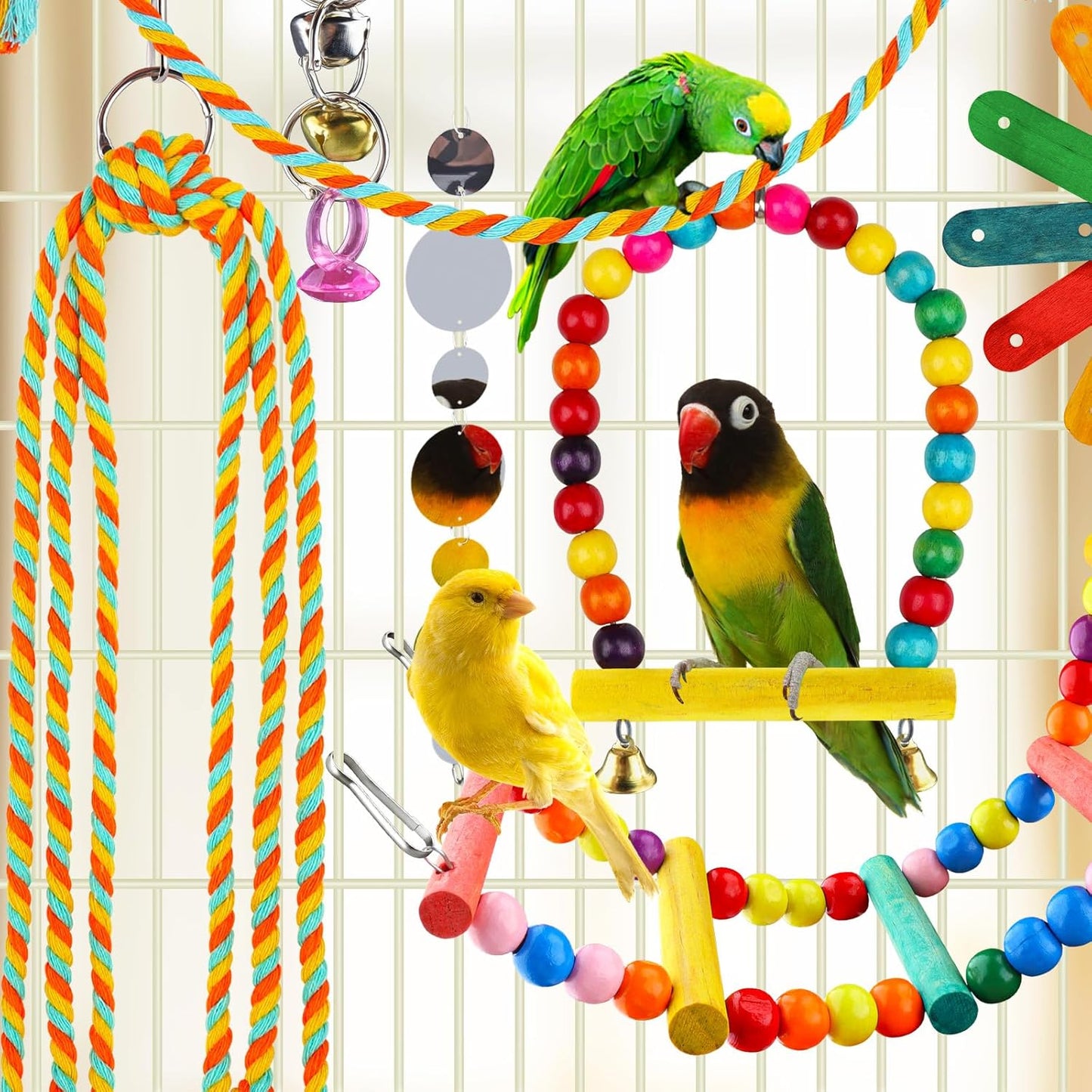 8 pcs Bird Toys for Parakeets with Colorful Ladder Hammock Bird Cage Accessories Bird Perch Stand Chewing Toys Hanging Bell Parrot