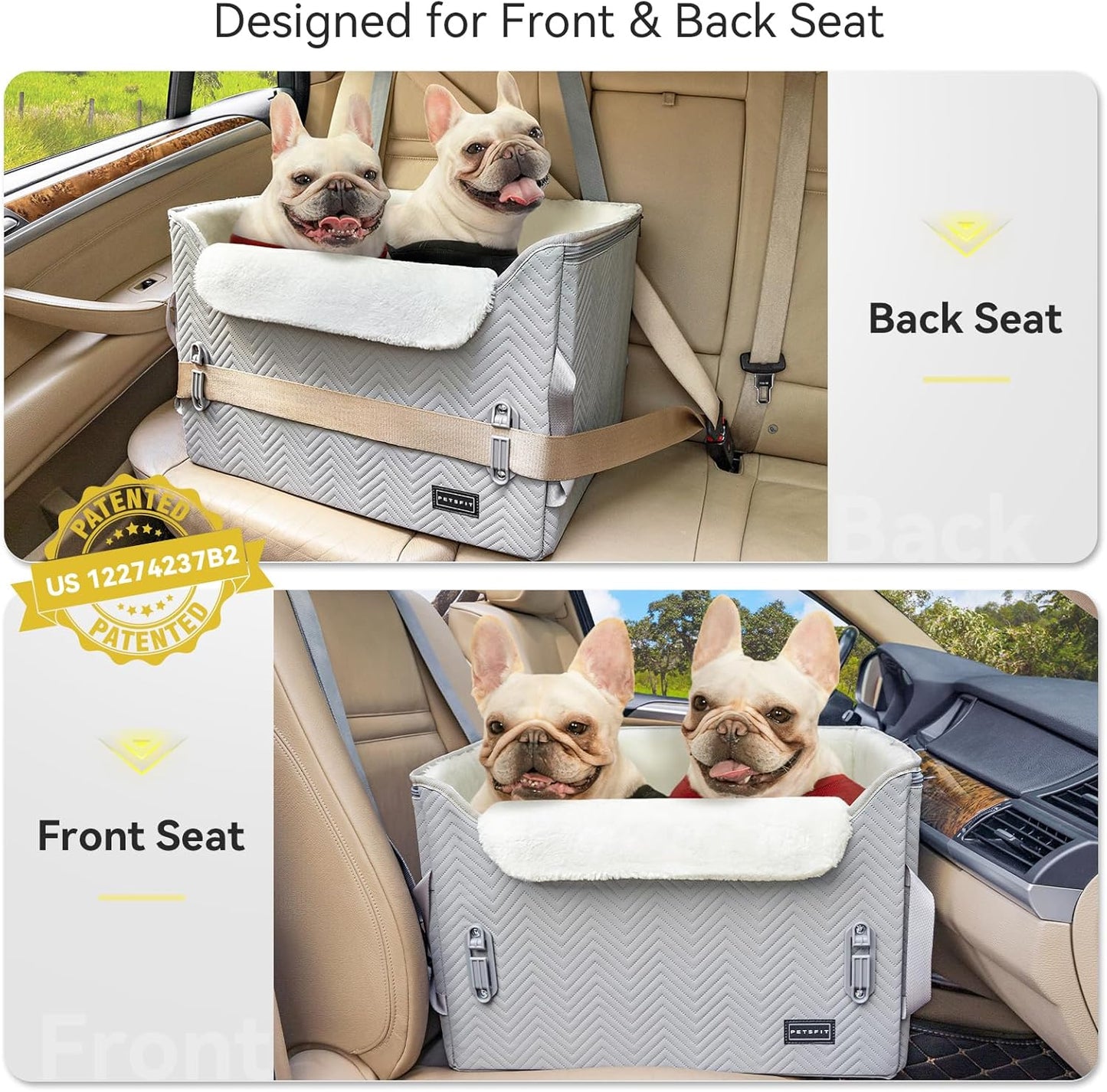 PETSFIT Dog Booster Car Seat, Waterproof PU Leather Car Seat for Dogs with Patented Safe Buckles, 2 Clip-On Safety Leashes, Suitable for 2 Small Dogs or a Medium Dog (Medium, Grey)