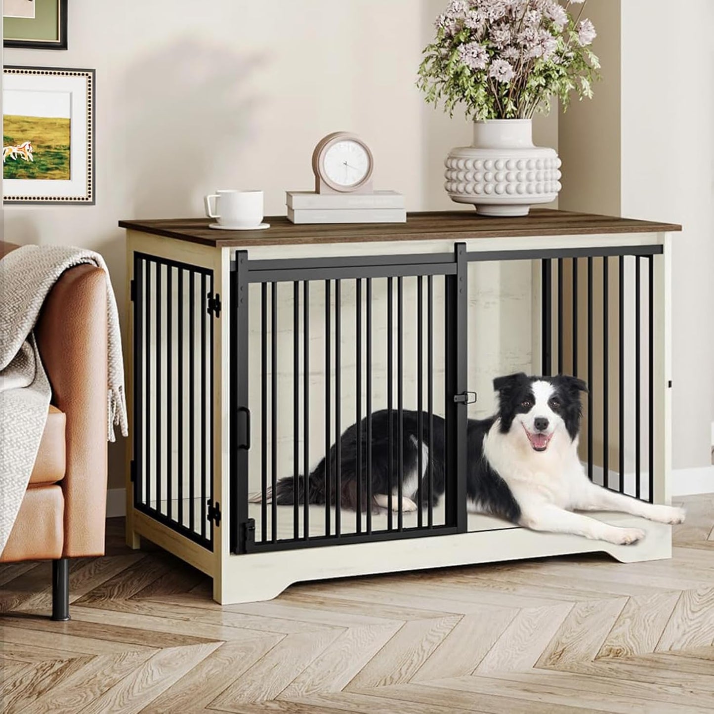 39.4" Heavy Duty Dog Crate Furniture with Barn Door, Wood Indoor Dog Crate Kennel for Small/Medium/Large Dogs, End Side Table, TV Stand, Anti-Chew Anti-Escape, White Brown DFC02314B