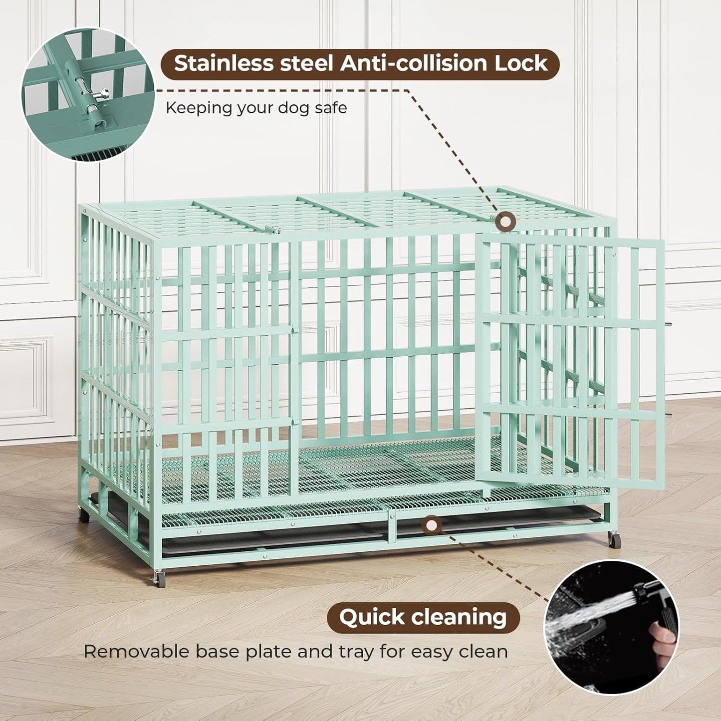 48IN Heavy Duty Dog Crate Steel Escape Proof, Indoor Double Door High Anxiety Cage Removable Tray, Extra Large,Green