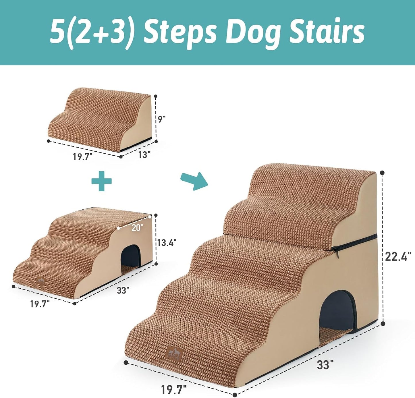 Extra Wide Dog Stairs with Tunnel, Detachable Large Pet Step for Small Medium Dog, Puppy or Cat, Ramp for High Bed, Couch, Sofa or Car, Stable, 19.7x33x22.4 inch, 5 Step, Light Brown