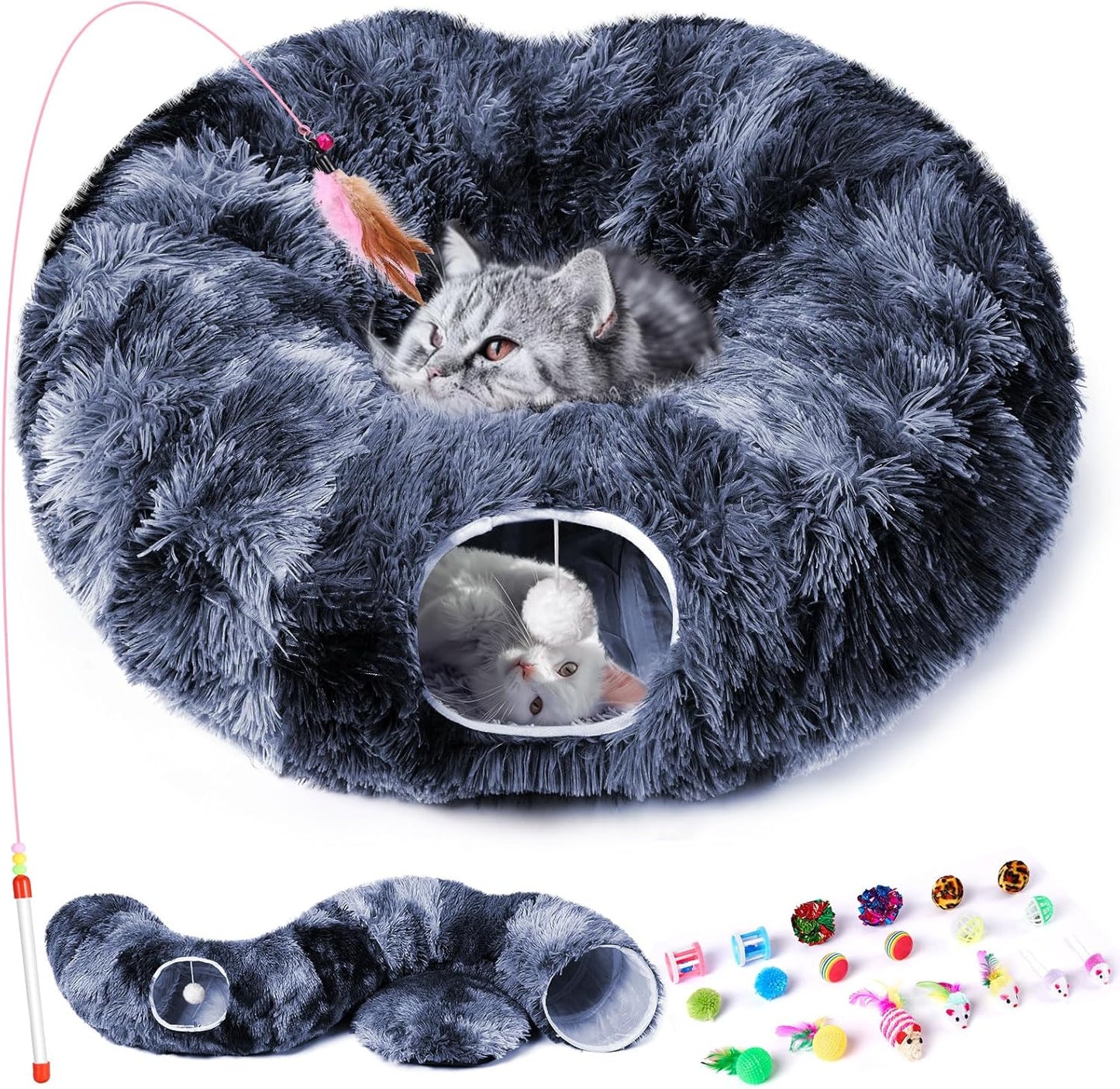 Odoland Cat Tunnels for Indoor Cats with Fluffy Plush Central Cat Couch and 20 Cat Toys, Tunnel Bed for Cats with Hanging Ball, Detachable Soft Mat and Variety Kitty Toy Set, Deep Blue
