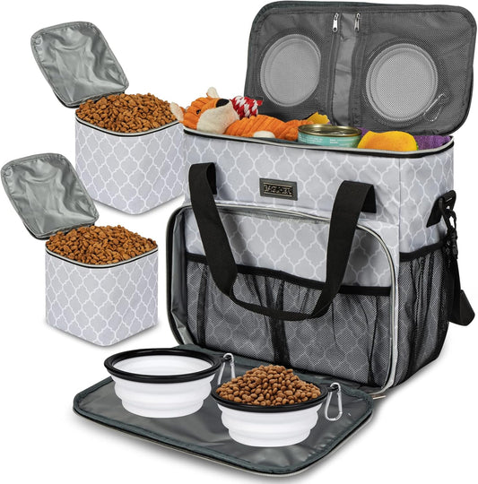BAGLHER Dog Travel Bag, Pet Travel Bag (ALL Pet Travel Supplies), With 2 Pet Food Containers and 2 Collapsible Silicone Bowls; Essential Kits for Pet Travel DLwhite