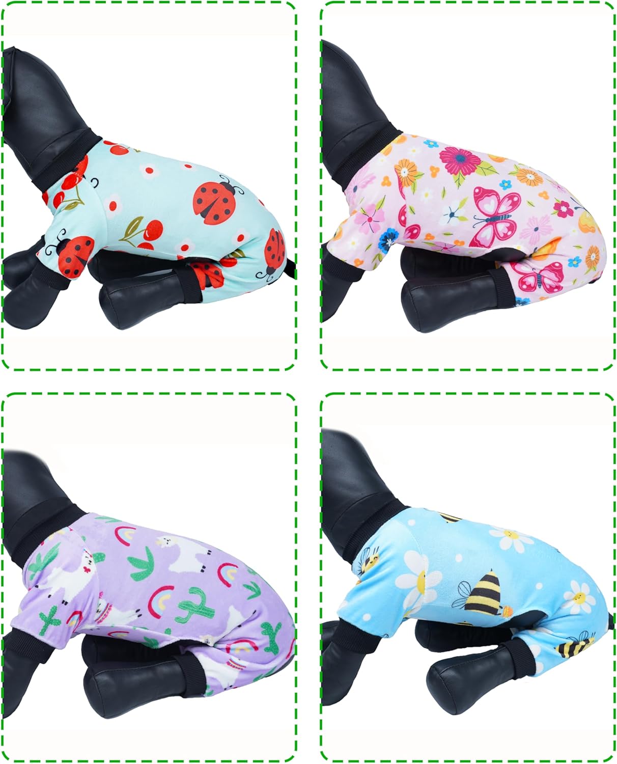 PET SHOW 4 Pack Small Dog Pajamas Spring Dog Clothes for Medium Dogs Girl Boy Soft Stretchy PJs Bee Ladybug Jumpsuit Puppy Cats Floral Onesies Outfits with Sleeve Pets Dachshund Costume(S, Spring)