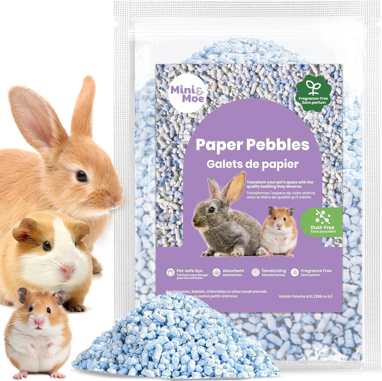 mini&moe Small Animal Paper Pellet Bedding: Odor & Moisture Absorbent Natural Paper Pellet Bedding - for Guinea Pigs, Hamsters, and Rabbits, 3.96lb