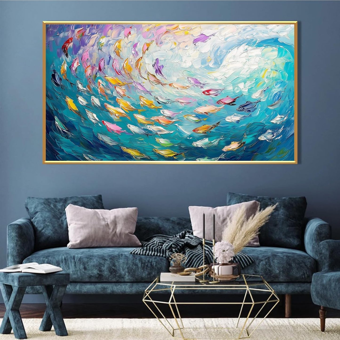 Fish Canvas Wall Art, Abstract School of Fish Canvas Wall Art, School of Fish Painting Canvas, School of Fish Wall Art, Fish Wall Decor, Fish Pictures Wall Decor, Bedroom Canvas Wall Decor (Black Framed, 23"x13" | 60x35cm)