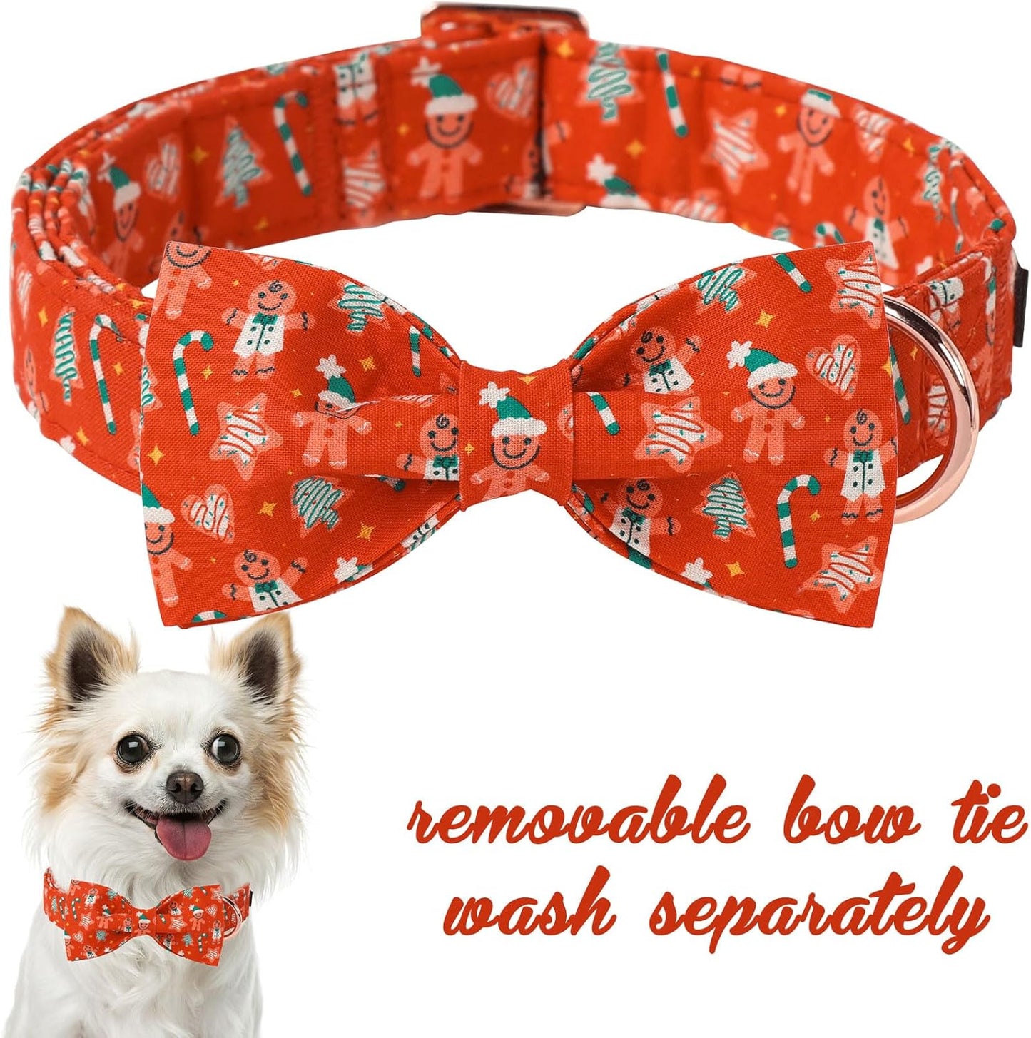 Unique Style Paws Christmas Day Dog Collar with Bow Red Gingerbred Cotton Puppy Collars for Small Medium Large Dogs