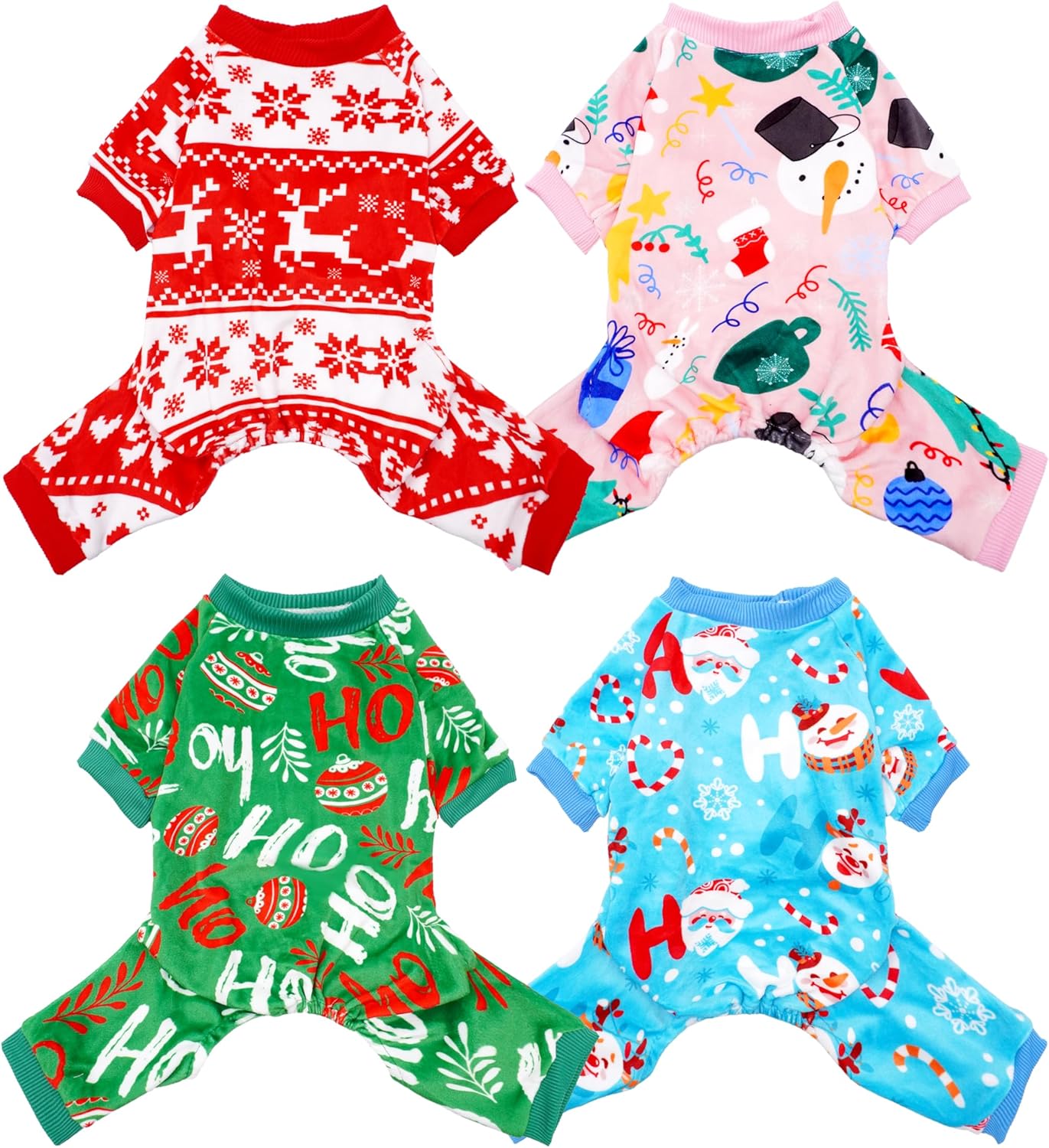 PET SHOW 4 Pack Small Dog Christmas Pajamas Holiday Dog Clothes Doggies Girl Boy Soft Stretchy PJs Xmas Jumpsuit Puppy Cats Onesies Red Green Outfits with Sleeve Pets Dachshund Costume S