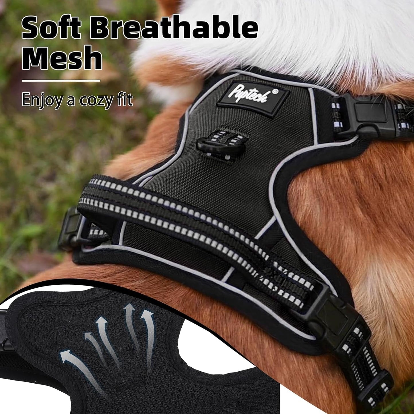 PUPTECK No Pull Dog Harness for Large, Adjustable Reflective Dog Harness with Handle Easy Control, Comfortable Soft Padded Pet Vest Harness for Large Dogs, Black L