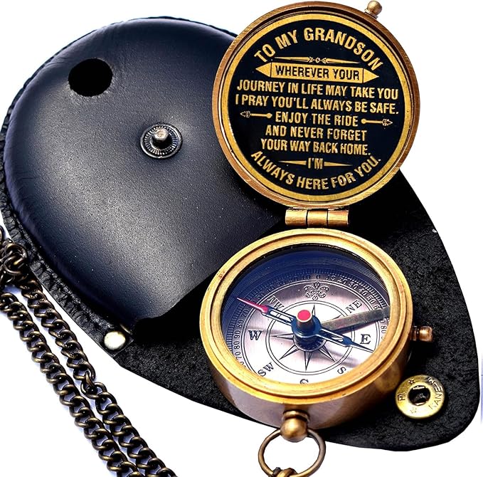 Gift for Grandson Brass Compass Engraved Quote