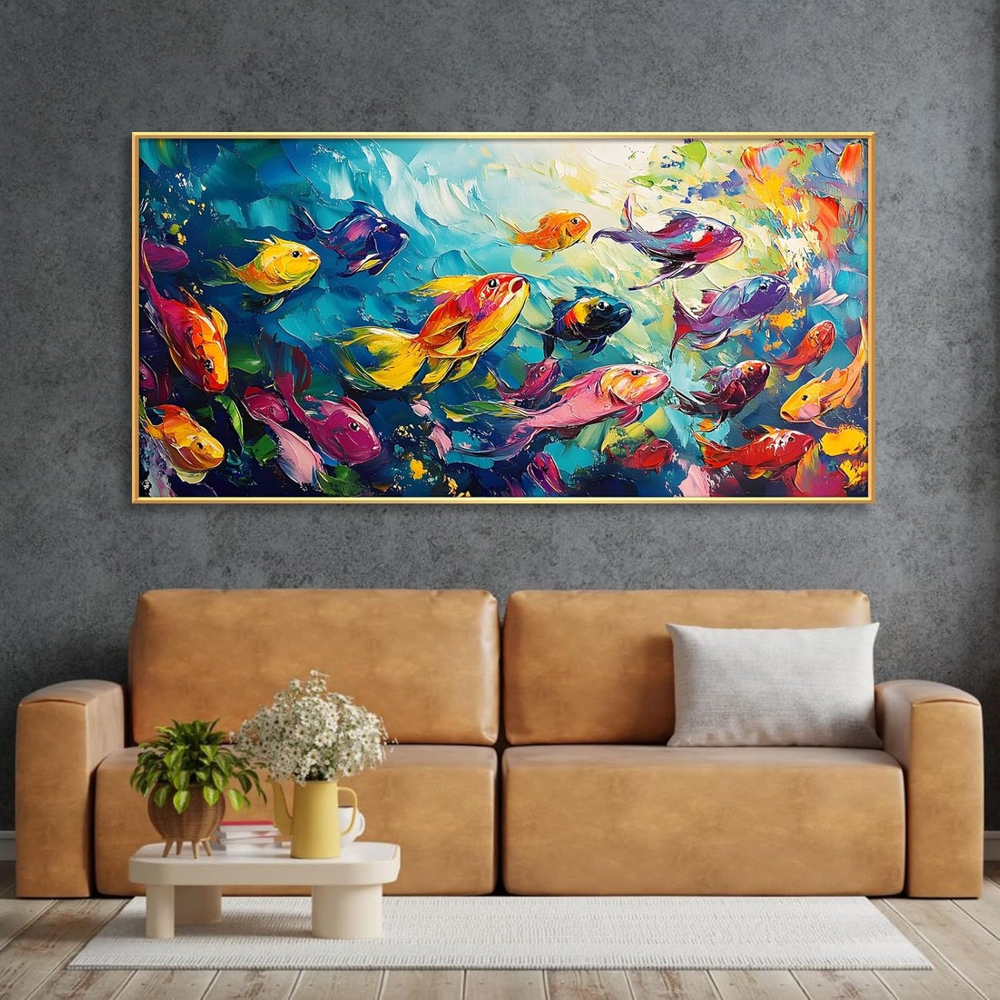 School of Fish Printed Canvas Wall Art – Framed Abstract Ocean Print – Vibrant Fish Wall Decor for Living Room, Bedroom, Office (Gold Framed, 24"x12"|60x30cm)