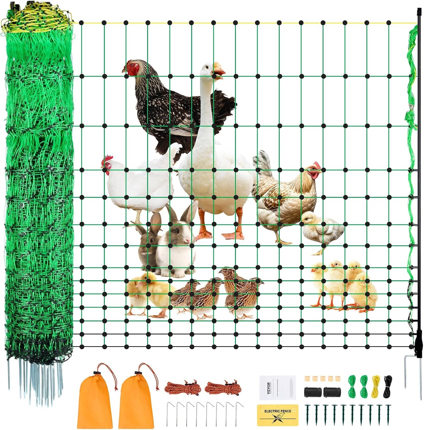 VEVOR Electric Fence Netting, 48" H x 100' L, PE Net Fencing Kit with Posts & Double-Spiked Stakes, Utility Portable Mesh for Chickens, Ducks, Geese, Rabbits, Used in Backyards, Farms, and Ranches